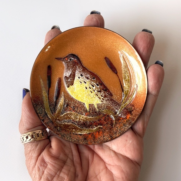 Vintage Mid Century Brotmans or Bovano Copper Enamel Cat Tails Bird Trinket Dish - Picture 1 of 6